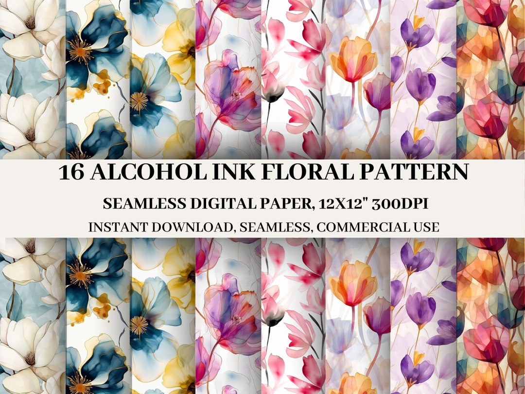 16 Minimalist Alcohol Art Watercolor, Floral Seamless Pattern