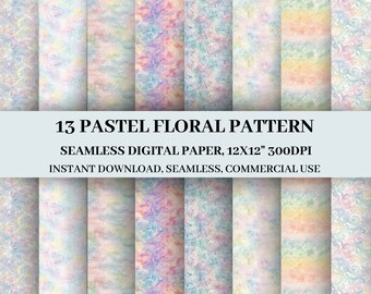 Watercolor Pastel Floral Seamless Patterns Digital Paper 12x12" 300 Dpi-Instant download Commercial use. Scrapbook supplies, digital prints.