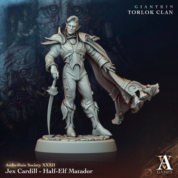 Jex Cardill Miniature | Archvillian Games | Unpainted Tabletop RPG Mini | 3D Printed | Giantkin | Elf | Torlok Clan | Archvillian Society |