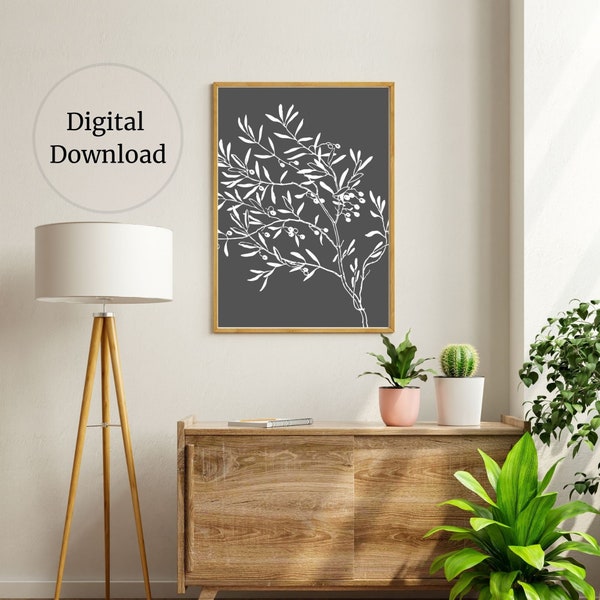 Botanical Print , Abstract Botanik Baskı, Boho Wall art, White and Grey Botanical Wall Decor,