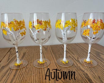 Hand Painted Fall Wine Glass Aspen Birch Tree Stemware