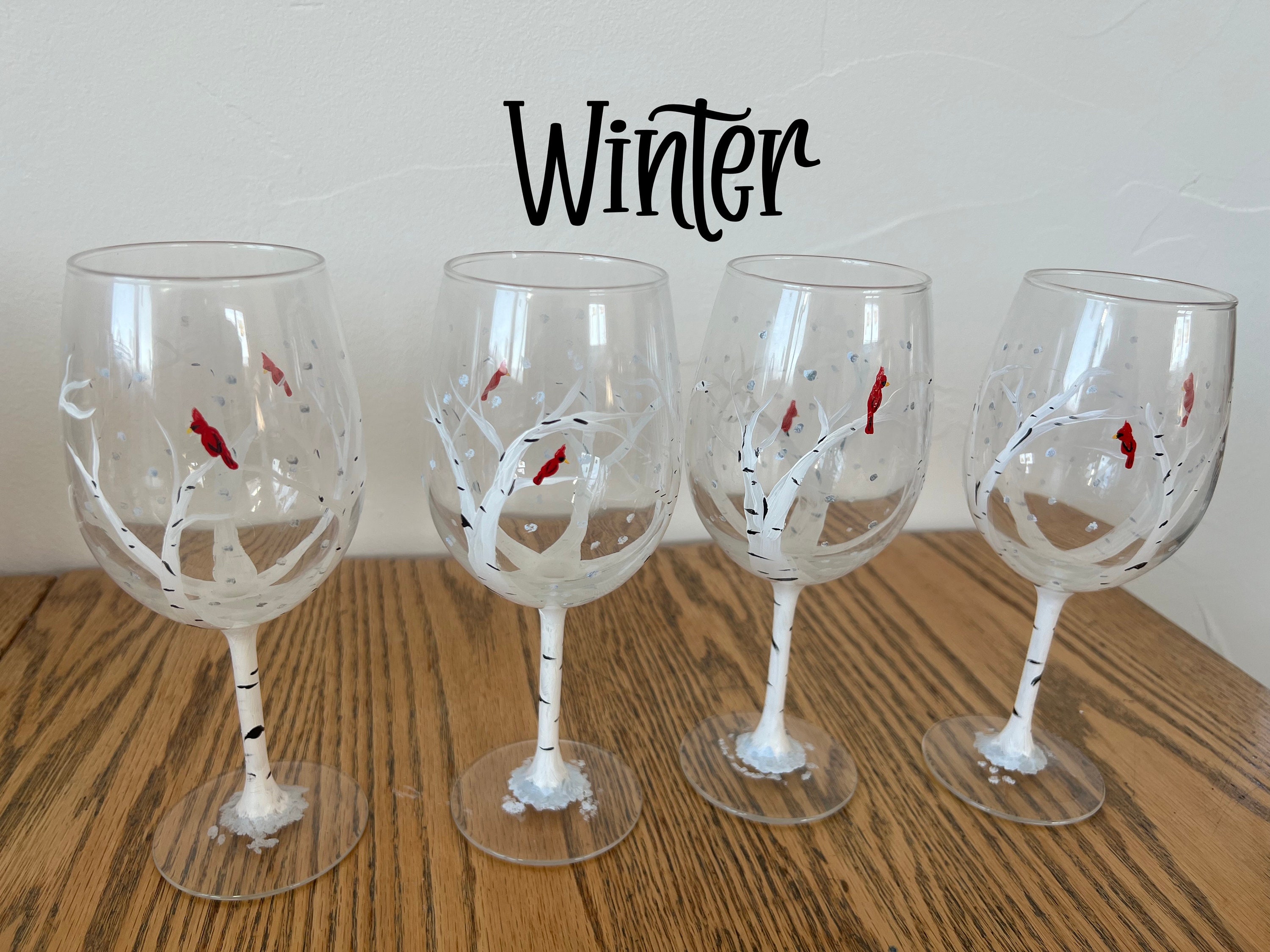 Winter Aspen/Birch Wine Glass with Cardinal/small