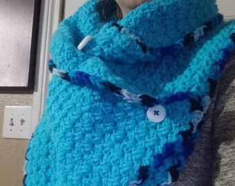 Crochet aqua Dallas dream scarf/cowl with white buttons