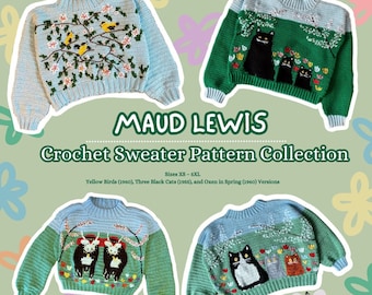 Maud Lewis Crochet Sweater Pattern Collection (Oxen in Spring, Three Black Cats, Yellow Birds BUNDLE) | Size Inclusive PDF Crochet Pattern