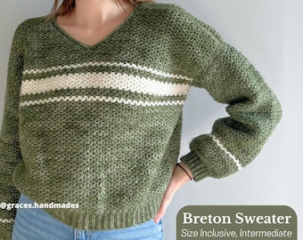 Breton Sweater PDF Crochet Pattern | Size Inclusive, Intermediate, Digital, V-Neck Design