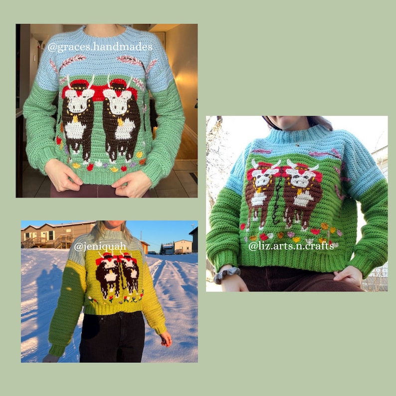 May include: Three crocheted sweaters with a green and blue color scheme featuring a design of three cows. The sweaters are shown on models. The sweaters are tagged with the usernames @graces.handmades, @jeniuqah, and @liz.arts.n.crafts.