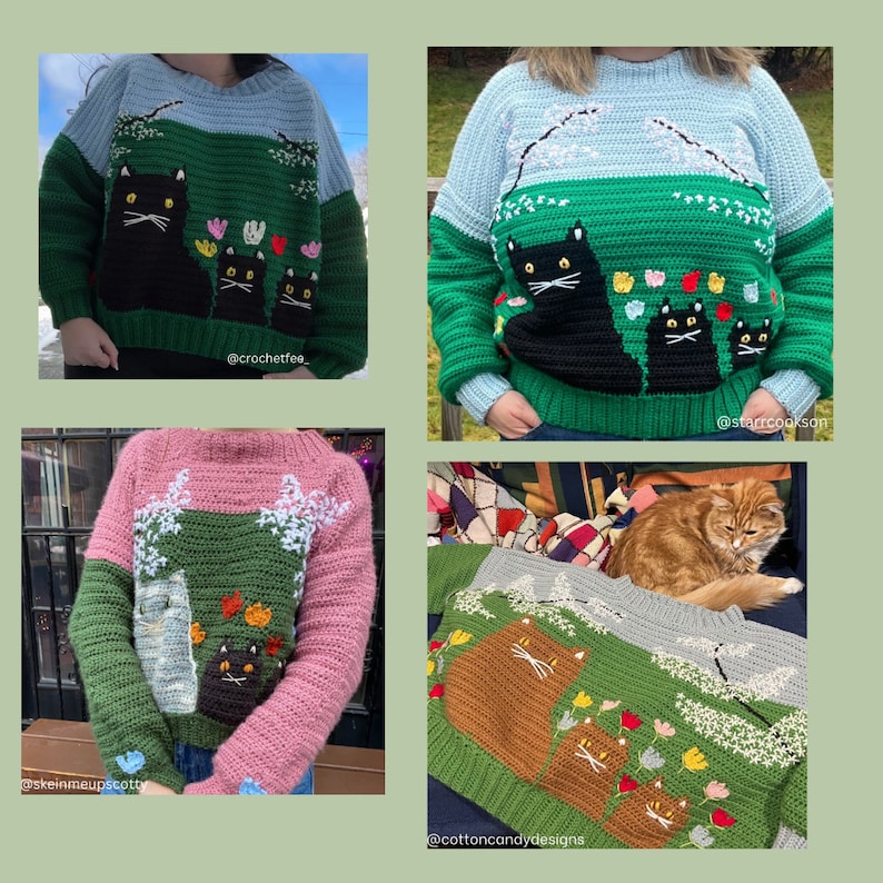 May include: Four different crocheted sweaters featuring a black cat design. The sweaters are in various colors, including green, blue, pink, and gray. The sweaters are all made with a chunky yarn and have a simple stitch pattern. The sweaters are all decorated with a black cat design, which is crocheted in a detailed and realistic style. The sweaters are all perfect for a cozy and stylish look.