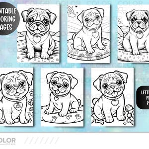 Pu&ograve; includere: Una raccolta di pagine da colorare stampabili con illustrazioni di cuccioli di carlino. Ogni pagina mostra un diverso design di carlino, alcuni con targhette a forma di cuore, fiori o giocattoli. Le pagine sono in bianco e nero e includono il testo "PRINTABLE COLORING PAGES" e "LETTER SIZE PDF & PNGS".