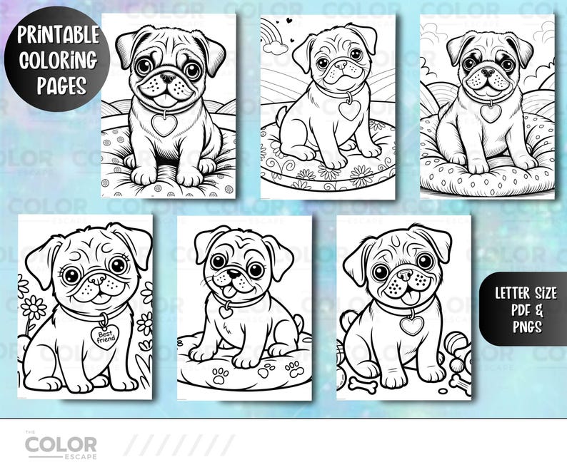 Pu&ograve; includere: Una raccolta di pagine da colorare stampabili con illustrazioni di cuccioli di carlino. Ogni pagina mostra un diverso design di carlino, alcuni con targhette a forma di cuore, fiori o giocattoli. Le pagine sono in bianco e nero e includono il testo "PRINTABLE COLORING PAGES" e "LETTER SIZE PDF & PNGS".