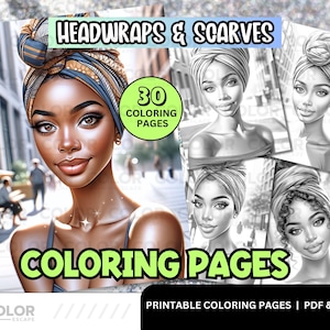 Black Women Headwraps Coloring Pages | African-American | Natural Hair Printable Coloring Pages Download | Hair Scarves Wraps Silk Bonnets