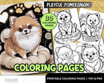 Disegni da colorare stampabili con simpatici Pomerania / Disegni da stampare con simpatici cani per bambini / Attività artistica digitale con adorabile cucciolo di Pomerania kawaii