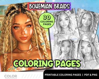 Dibujos para colorear de trenzas bohemias / Peinados con trenzas africanas para mujeres negras / Libro para colorear imprimible para adultos / Descarga la ilustración en escala de grises