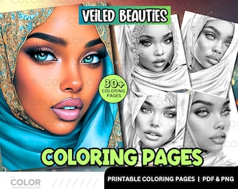 Elegant Hijabi Woman Coloring Pages | Beautiful Muslim Headwrap Women | Printable Adult Coloring Pages | Download Grayscale Illustration
