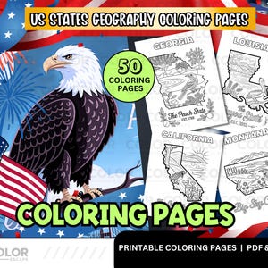 U.S. States Geography Printable Coloring Sheets – Learn & Color Homeschool Resource - Social Studies Kids Educational PDF – Digital Download