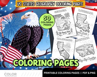 Fogli da colorare stampabili con la geografia degli Stati Uniti - Impara e colora - Risorsa per l'istruzione parentale - PDF educativo per bambini in studi sociali - Download digitale
