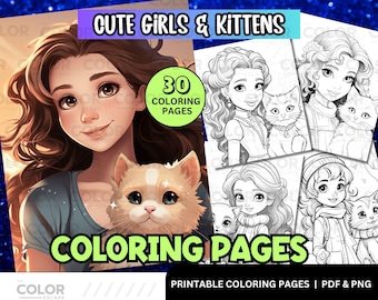 Disegni da colorare di ragazze e gatti / Disegni da colorare di gattini / Disegni da colorare semplici per bambini / Pagine da colorare stampabili / Illustrazioni di ragazze