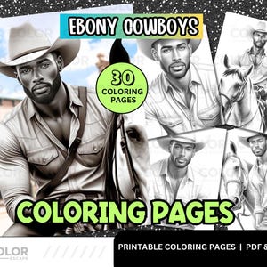 Black Cowboys Coloring Pages | Handsome African American Men | Printable Adult Coloring Book | Grayscale Illustration | Western Art