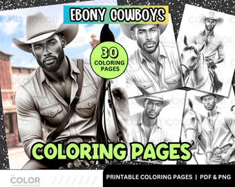 Black Cowboys Coloring Pages | Handsome African American Men | Printable Adult Coloring Book | Grayscale Illustration | Western Art