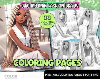 Luxury Black Girl Braids Coloring Pages | Stylish Confident African-American Women Grayscale Illustrations | Digital Download Fashion Art