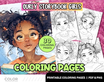 Reading Black Girls Coloring Pages | Cute African-American Girls with Afro Curly Natural Hair Printable Coloring Pages for Kids Download