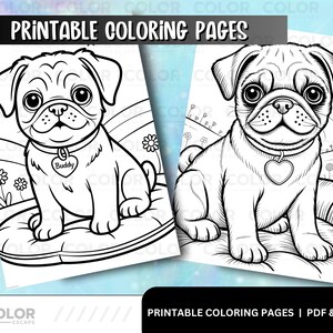 Pu&ograve; includere: Due pagine da colorare stampabili in bianco e nero con cuccioli di carlino. Ogni cucciolo indossa un'etichetta a forma di cuore. Il testo "PRINTABLE COLORING PAGES" &egrave; in alto. Ideale per colorare.