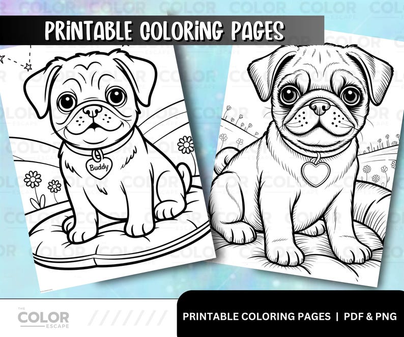 Pu&ograve; includere: Due pagine da colorare stampabili in bianco e nero con cuccioli di carlino. Ogni cucciolo indossa un'etichetta a forma di cuore. Il testo "PRINTABLE COLORING PAGES" &egrave; in alto. Ideale per colorare.