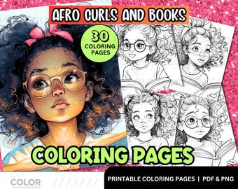 Black Girls Reading Coloring Pages | Cute African-American Girls | Curly Natural Hair Printable Coloring Pages for Kids Download | Afro Hair