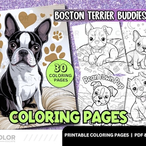 Boston Terrier Printable Coloring Pages | Cute Dog Printables for Kids | Adorable Kawaii Terriers Digital Puppy Art Activity | Pet Coloring