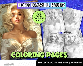 Blonde Beauties Coloring Pages | Platinum Blonde | Beautiful Women Adult Coloring | Printable Coloring Book Pages | Grayscale Illustrations