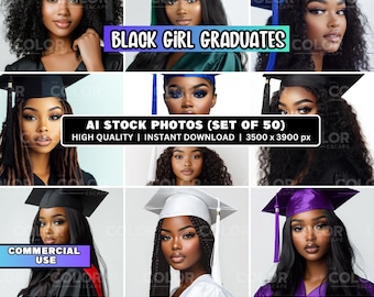 50 Black Girl Graduation Stock Portraits, Commercial Use, Stunning African American Graduation Cap and Gown Professional Photography Model