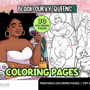 Plus Size Black Women Coloring Pages | African American Natural Hair Curvy Afro Queen Art | Printable Adult Color Sheets Digital Download