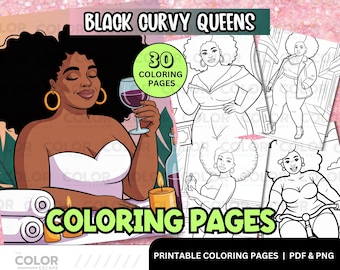 Plus Size Black Women Coloring Pages | African American Natural Hair Curvy Afro Queen Art | Printable Adult Color Sheets Digital Download