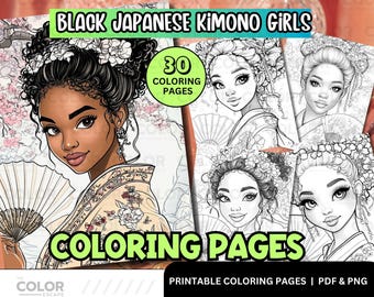Black Girls in Traditional Japanese Kimono Coloring Pages | Anime-Inspired Cherry Blossom Printable Coloring Pages Digital Download