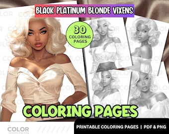 African-American Platinum Blonde Vixens Coloring Pages | Blonde Hair Girls | Printable Adult Coloring Book | Download Grayscale Illustration