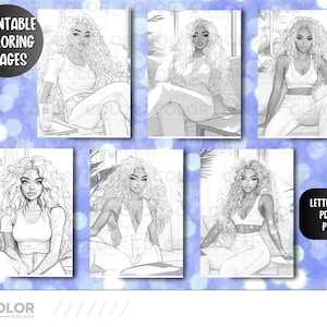 Stylish Fashion Melanin Beauties Coloring Pages | Gorgeous African-American Women Grayscale Illustrations | Black Girl Line Art Download image 6