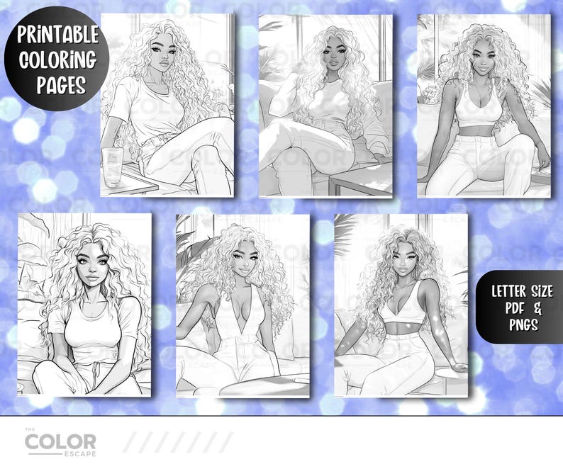 Stylish Fashion Melanin Beauties Coloring Pages | Gorgeous African-American Women Grayscale Illustrations | Black Girl Line Art Download image 6