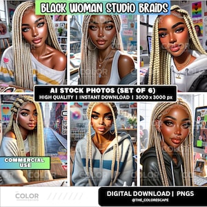 Digital Stock Illustration - Blonde Braided Black Woman Beauty Portrait Art Photos, Commercial Use, Stock Images for Creative Projects, Set6