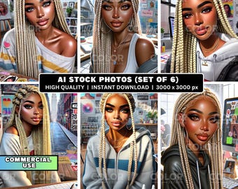Digital Stock Illustration - Blonde Braided Black Woman Beauty Portrait Art Photos, Commercial Use, Stock Images for Creative Projects, Set6