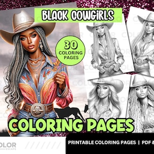 Black Women CowGirls Coloring Pages | Western African-American Woman Printable Coloring Pages Download | Grayscale Illustrations