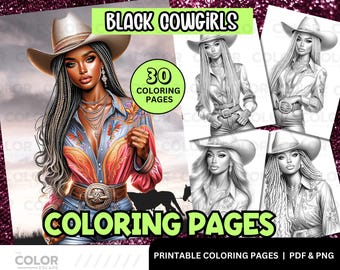 Black Women CowGirls Coloring Pages | Western African-American Woman Printable Coloring Pages Download | Grayscale Illustrations