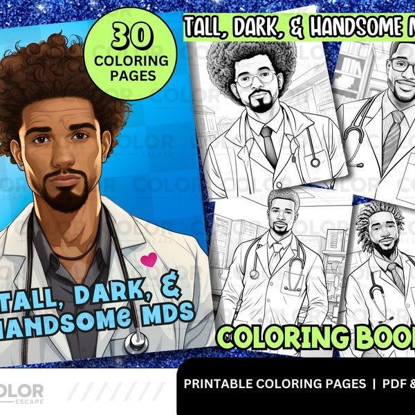 Black Men Doctors Coloring Pages | Handsome Black Male Doctor Portrait | Printable Adult Coloring Download Grayscale Illustration Career Job