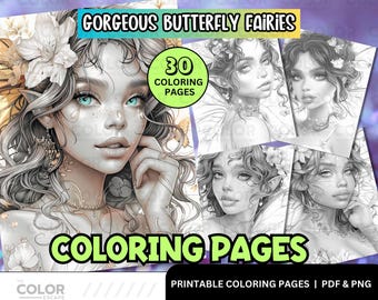 Páginas para colorear de hadas y mariposas / Dibujos mágicos clásicos para colorear / Dibujos para colorear de mujeres hermosas / Dibujos para colorear imprimibles / Ilustraciones en escala de grises