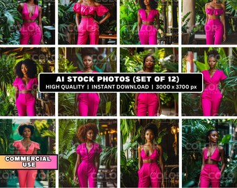 12 Hot Pink Black Vacation Girls Stock Photos, Commercial Use, African American Fashion Pant Suit Stock Images Photography, Marketing