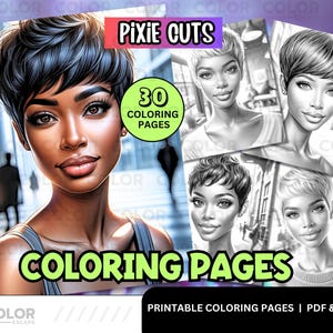 Black Women Pixie Hairstyle Coloring Pages | African-American Woman Hair Printable Coloring Pages Download | Short Haircut Beautiful Women