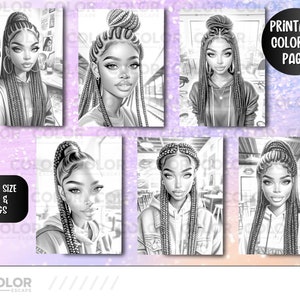 May include: Five black and white coloring pages featuring illustrations of women with braided hairstyles. The text "Printable Coloring Pages" is in the top right corner of the image. The text "Letter Size PDF & PNGs" is in the bottom left corner of the image.