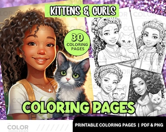 Black Girls and Cats Coloring Pages | African-American Girls | Natural Hair Art| Printable Coloring Pages for Kids Download | Animals Kitten