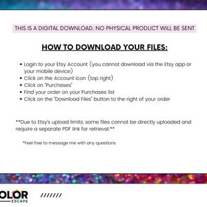May include: A digital download information sheet with a colorful background. The text reads: "THIS IS A DIGITAL DOWNLOAD. NO PHYSICAL PRODUCT WILL BE SENT." Instructions on how to download files from Etsy are also included.