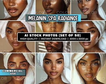 50 Black Women Luxury Spa Skincare Art Stock Photos, Commercial Use, African American Melanin Radiant Skin Natural Beauty Freckles Model