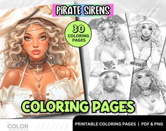 Pirate Women Coloring Pages | Beautiful Sirens Pirates Sea Girls Ocean | Printable Coloring Pages Download | Grayscale Illustration