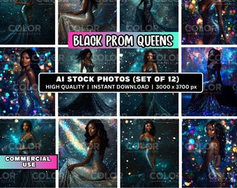 12 Glamorous Black Woman in Sparkly Mermaid Gowns Stock Photos, Commercial Use, Formal Prom Dress Stock Images Photography, Model Marketing